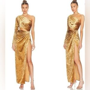 Ronny Kobo Lorinna one-sleeve cutout crushed-velvet maxi dress butterscotch XS